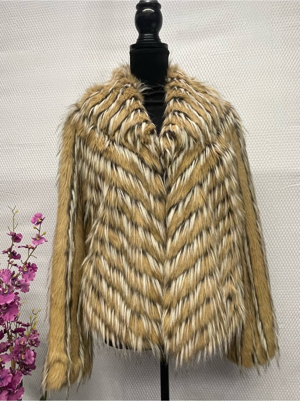 INC International Concepts Faux Fur Cropped Jacket in Tan and Black Stripe